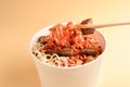 Paper cup with instant ramen noodles with beef and vegetables Royalty Free Stock Photo