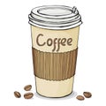 Paper Cup with lid with hot coffee to take away and coffee beans. Vector illustration on white background.
