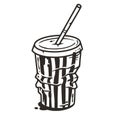 Paper cup with straw for design of label or banner. Vector crumpled plastic cup for fast food cafe and street food bar