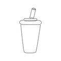 Paper cup with straw and lid. One continuous line. Thin linear drawing of plastic glass for drink. Black doodle icon. Stylized Royalty Free Stock Photo