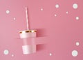 Paper Cup With Straws On Pink Celebration Background. Pink Cups Made From Cardboard For Party Style.