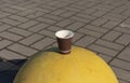 Paper cup with takeaway coffee stands on a concrete protective hemisphere on the street