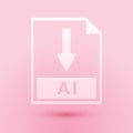 Paper cut AI file document icon. Download AI button icon isolated on pink background. Paper art style. Vector