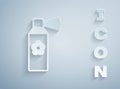 Paper cut Air freshener spray bottle icon isolated on grey background. Air freshener aerosol bottle. Paper art style