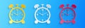 Paper cut Alarm clock icon isolated on blue background. Wake up, get up concept. Time sign. Paper art style. Vector