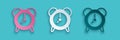 Paper cut Alarm clock icon isolated on blue background. Wake up, get up concept. Time sign. Paper art style. Vector