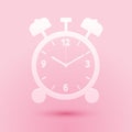 Paper cut Alarm clock icon isolated on pink background. Wake up, get up concept. Time sign. Paper art style. Vector