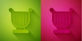 Paper cut Ancient Greek lyre icon isolated on green and pink background. Classical music instrument, orhestra string