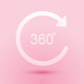 Paper cut Angle 360 degrees icon isolated on pink background. Rotation of 360 degrees. Geometry math symbol. Full