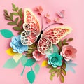 Paper cut flowers and butterfly on pink background. Paper art style. Generative AI Royalty Free Stock Photo