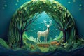 Paper cut art , Green forest and deers wildlife with nature background , ecology and environment conservation concept. Royalty Free Stock Photo