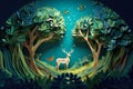 Paper cut art , Green forest and deers wildlife with nature background , ecology and environment conservation concept. Royalty Free Stock Photo