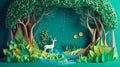 Paper cut art , Green forest and deers wildlife with nature background , ecology and environment conservation concept. Royalty Free Stock Photo