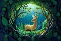 Paper cut art , Green forest and deers wildlife with nature background , ecology and environment conservation concept. Royalty Free Stock Photo