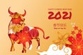 Paper cut art ox 2021 decoration for lunar year banner  may you welcome happiness in chinese characters  Premium Vector Royalty Free Stock Photo