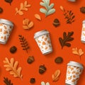 paper cut art style composition of coffee cup, leaves, and acorns on orange background, seamless pattern Royalty Free Stock Photo