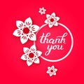 Paper cut art of thank you calligraphy hand lettering quote in circle wreath with white origami flowers on bright pink