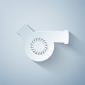 Paper cut Automotive turbocharger icon isolated on grey background. Vehicle performance turbo icon. Car turbocharger