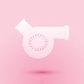 Paper cut Automotive turbocharger icon isolated on pink background. Vehicle performance turbo. Car turbocharger. Turbo