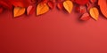 Paper cut autumn leaves on red background. Seasonal background with falling leaves and copy space. Autumn fall creative banner