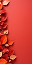 Paper cut autumn leaves on red background. Seasonal background with falling leaves and copy space. Vertical autumn fall banner Royalty Free Stock Photo