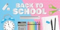 Paper cut of Back to school text with school supplies on blue and pink paper background. Vector illustration Royalty Free Stock Photo