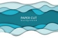 Paper cut background. Blue river wave papercut trendy design. Vector origami ocean waves