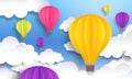 Paper cut balloons. Sky pastel background, cute origami cartoon graphic, flight voyage concept. Vector paper landscape