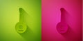 Paper cut Banjo icon isolated on green and pink background. Musical instrument. Paper art style. Vector