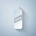 Paper cut Beer can icon isolated on grey background. Paper art style