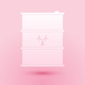 Paper cut Biological hazard or biohazard barrel icon isolated on pink background. Radioactive garbage emissions, danger