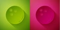 Paper cut Bowling ball icon isolated on green and pink background. Sport equipment. Paper art style. Vector Illustration Royalty Free Stock Photo