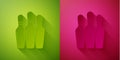 Paper cut Bowling pin icon isolated on green and pink background. Paper art style. Vector