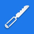 Paper cut Bread knife icon isolated on blue background. Cutlery symbol. Paper art style. Vector Royalty Free Stock Photo