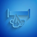 Paper cut Broken metal pipe with leaking water icon isolated on blue background. Paper art style. Vector