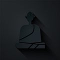 Paper cut Buddhist monk in robes sitting in meditation icon isolated on black background. Paper art style. Vector