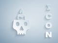 Paper cut Burning candle on a skull icon isolated on grey background. Day of dead. Paper art style. Vector