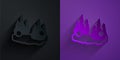 Paper cut Burning car icon isolated on black on purple background. Car on fire. Broken auto covered with fire and smoke Royalty Free Stock Photo