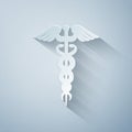 Paper cut Caduceus medical symbol icon isolated on grey background. Medicine and health care concept. Emblem for Royalty Free Stock Photo