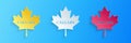 Paper cut Canadian maple leaf with city name Calgary icon isolated on blue background. Paper art style. Vector Royalty Free Stock Photo