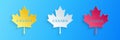 Paper cut Canadian maple leaf with city name Canada icon isolated on blue background. Paper art style. Vector Royalty Free Stock Photo