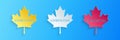 Paper cut Canadian maple leaf with city name Edmonton icon isolated on blue background. Paper art style. Vector Royalty Free Stock Photo