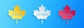 Paper cut Canadian maple leaf with city name Ottawa icon isolated on blue background. Paper art style. Vector Royalty Free Stock Photo