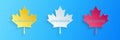 Paper cut Canadian maple leaf with city name Vancouver icon isolated on blue background. Paper art style. Vector Royalty Free Stock Photo