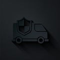 Paper cut Car with shield icon isolated on black background. Insurance concept. Security, safety, protection, protect Royalty Free Stock Photo