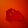 Paper cut Car with shield icon isolated on red background. Insurance concept. Security, safety, protection, protect Royalty Free Stock Photo