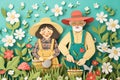 paper cut card A cheerful elderly couple gardening together, surrounded by spring blossoms