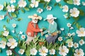 paper cut card A cheerful elderly couple gardening together, surrounded by spring blossoms