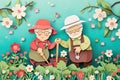 paper cut card A cheerful elderly couple gardening together, surrounded by spring blossoms