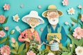 paper cut card A cheerful elderly couple gardening together, surrounded by spring blossoms